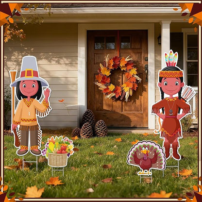 Thanksgiving Yard Signs with Stakes, Includes Pilgrim, Native American, Turkey,Cornucopia Fall Outdoor Decorations for Home Outdoor Yard Patio Lawn Decor, Garden Decorations