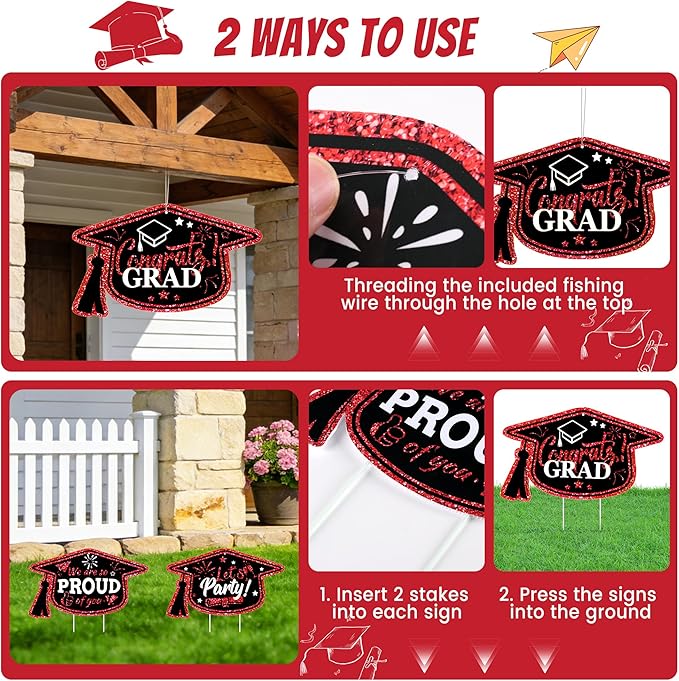 13Pcs Graduation Yard Signs Class of 2026 Large Congrats Grad Sign with Stakes & String Hanging Graduation Decorations for Indoor Outdoor Yard Lawn Porch School (Red)