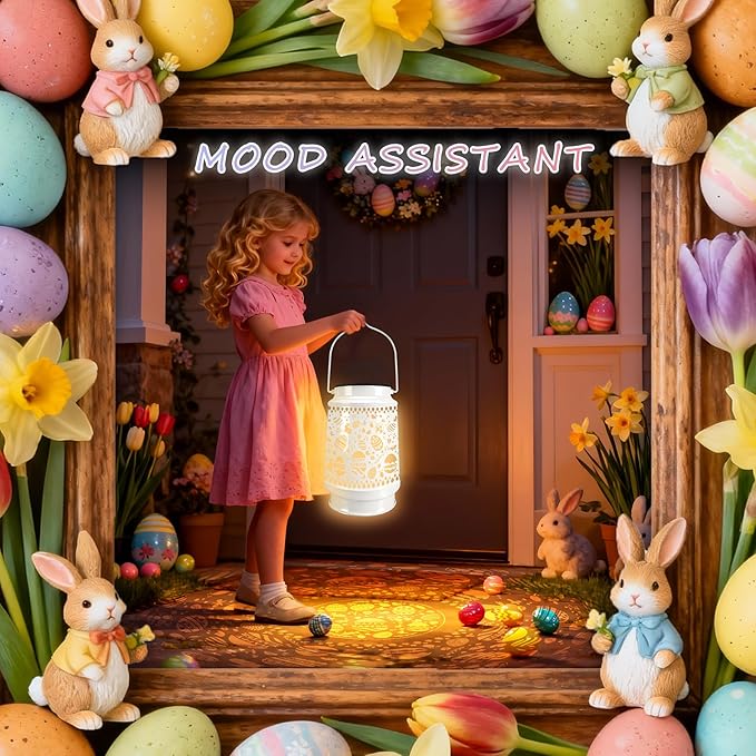 Easter Decorations for Home USB LED Lantern Lamp Tree Ornaments Night Lights with Eggs & Bunny Table Decor, Easter Gifts for Kids Teens Women Adults