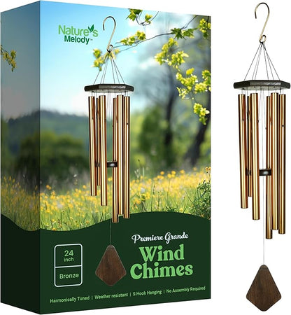 Nature’s Melody Premiere Grande Tunes Wind Chimes – Outdoor Windchime with 6 Tubes Tuned to E Pentatonic Scale, Rustproof Aluminum, Beech Wood & S Hook Hanger (Bronze, 24")