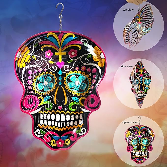 FONMY Kinetic 3D Metal Garden Wind Spinner Unique Gifts Outdoor Decorations Quality Hanging Ornament for Home and Garden 12inch Mandala Black Sugar Skull Wind Spinners
