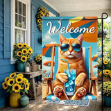 HOMETITUTE Hello Summer Beach Orange Cat Garden Flag 12×18 Inch Double Sided Summer Coastal Seasonal Tropical Pool Yard Flag Summer Cat Garden Flags Tropical Ocean Sea Outside Outdoor House Decoration