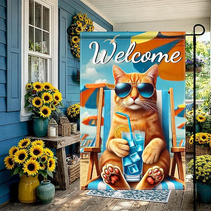 HOMETITUTE Hello Summer Beach Orange Cat Garden Flag 12×18 Inch Double Sided Summer Coastal Seasonal Tropical Pool Yard Flag Summer Cat Garden Flags Tropical Ocean Sea Outside Outdoor House Decoration