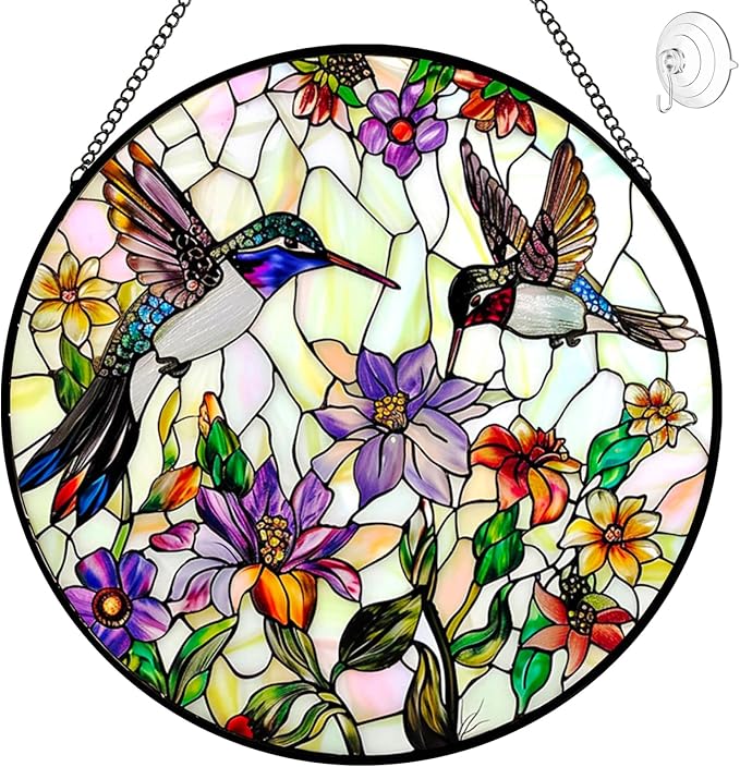 Hummingbird Sun Catcher Stained Glass Window Hanging - Wildflower and Bird Suncatchers for Windows Stained Glass Suncatcher - Sun Catchers Indoor Wall Art Home Decor Gift for Mom Grandma Bird Lovers