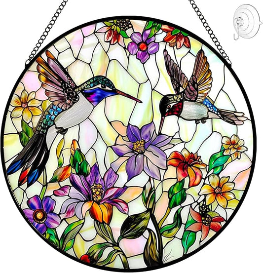Hummingbird Sun Catcher Stained Glass Window Hanging - Wildflower and Bird Suncatchers for Windows Stained Glass Suncatcher - Sun Catchers Indoor Wall Art Home Decor Gift for Mom Grandma Bird Lovers