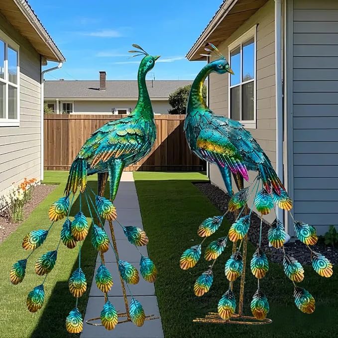 Kircust Metal Peacock Sculptures - Set of 2 Outdoor Garden Yard Art, Durable Weather-Resistant Lawn Statues, Hand-Painted, 30.7" H - Ideal for Backyard, Patio, and Porch Decor