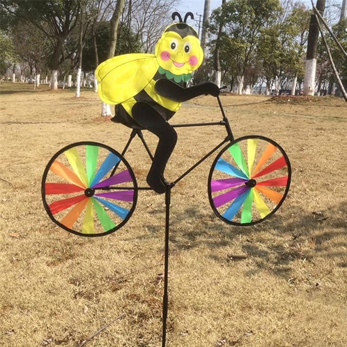 3D Animal on Bike DIY Windmill, Lawn Yard Garden Colorful Wind Spinner Decor (Bee)