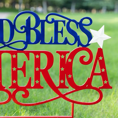 Glitzhome 4th of July Decorations Outdoor, 23.25"H Patriotic GOD BLESS AMERICA Decorative Garden Stakes, Metal Americana Patriotic Day Yard Sign, Memorial Day Yard Signs for Lawn Porch Decor