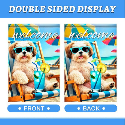BlissYard Welcome Summer Shih Tzu Garden Flag 12x18 Double Sided Vertical Outdoor Decor Beach Chair Dog Yard Lawn Patio Tropical Poolside Banner