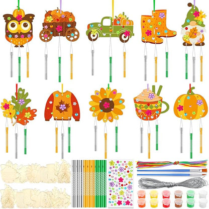 JellyArch 30 Pack Thanksgiving Day Fall Wind Chime Making Kit for Adults Make Your Own Wind Chime Harvest Maple Leaf Wooden Ornaments for DIY Activity Birthday Decoration