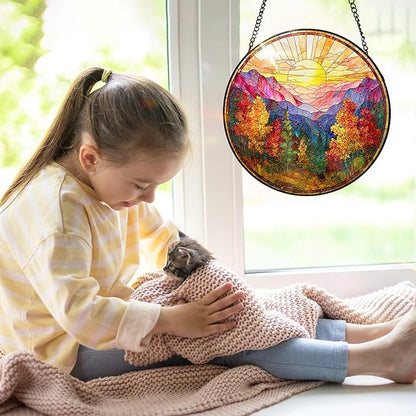7.8 Inch Stained Glass Window Hanging Sunrise Mountains Tree Sun Catcher Indoor Window Door Wall Yard Home Decor Landscape Colorful Glass Panel Suncatcher Gifts for Women Men Mom Grandma