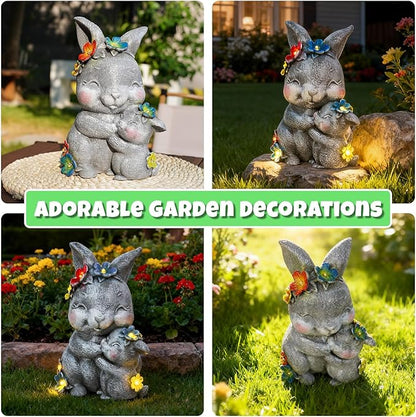 Solar Garden Statue Light, 8 inch Resin Rabbit Figurine with Flowers Outdoor Decor for Patio, Lawn, Yard, Housewarming Birthday Gifts Gift for Bunny Lovers, Mom, Grandma, Women (Grey Rabbit)