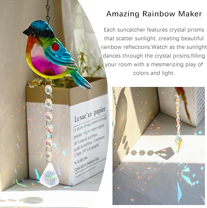 Set 2 Stained Glass Little Birds Suncatchers Rainbow Maker Crystal Prisms Hanging Suncatcher for Window Colorful Metal Birds Wall Art Fence Decorations Ornament for Christmas Tree