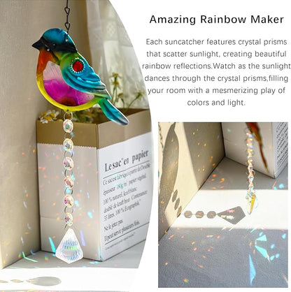 Set 2 Stained Glass Little Birds Suncatchers Rainbow Maker Crystal Prisms Hanging Suncatcher for Window Colorful Metal Birds Wall Art Fence Decorations Ornament for Christmas Tree