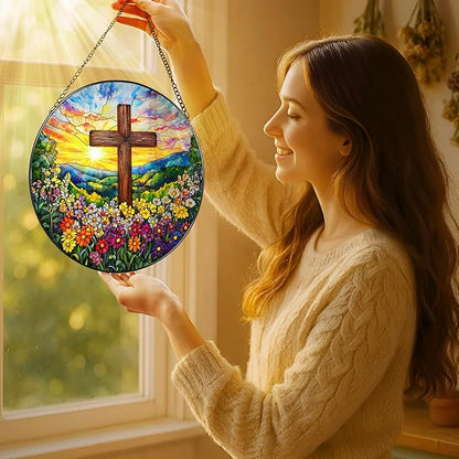 8'' Religious Cross Ornament, Stained Glass Window Hanging, Sun Catcher Window Decor, Christian Holiday Decor, Cross Gifts, Baptism Gifts, Religious Gift, Christian Gift