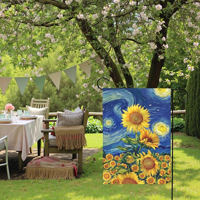 Sunflower Garden Flag Spring Summer Sunflowers Yard Flags Vibrant Van Gogh Starry Sky House Banners Double Sided Rustic Farmhouse Floral Banner for Porch Patio Landscape Decor 12 x 18 Inch