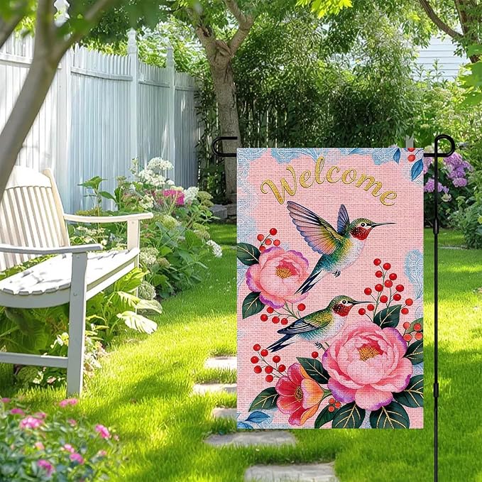 IVN Hummingbird Garden Flag 12x18 Inch – Welcome Floral Outdoor Flag, Double Sided Burlap Spring Summer Yard Flag for Porch Lawn Patio Decor
