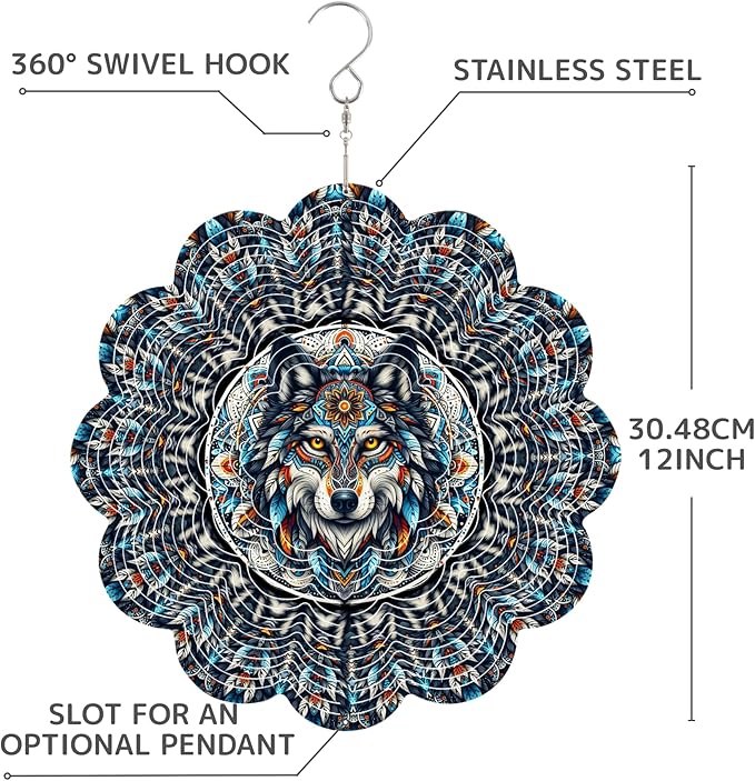 12 Inch 3D Kinetic Wind Spinner for Garden and Yard, Laser-Cut Stainless Steel, Mesmerizing Hanging Decor for Outdoor Patio & Indoor, Spirit Wolf-15