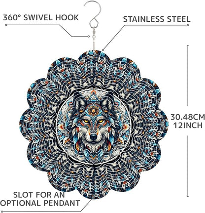 12 Inch 3D Kinetic Wind Spinner for Garden and Yard, Laser-Cut Stainless Steel, Mesmerizing Hanging Decor for Outdoor Patio & Indoor, Spirit Wolf-15