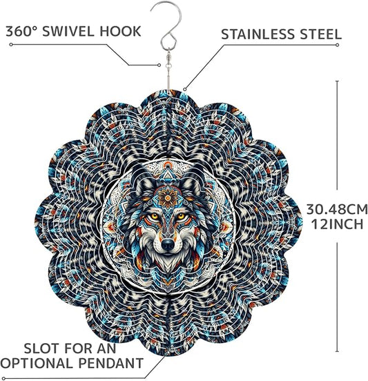 12 Inch 3D Kinetic Wind Spinner for Garden and Yard, Laser-Cut Stainless Steel, Mesmerizing Hanging Decor for Outdoor Patio & Indoor, Spirit Wolf-15