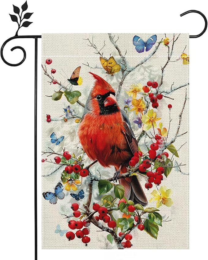 Spring Summer Cardinal Bird Butterfly Floral Garden Flag 12x18 Inch Double Sided, Welcome Yard Decor, Farmhouse Outdoor Flag for Lawn Patio Porch