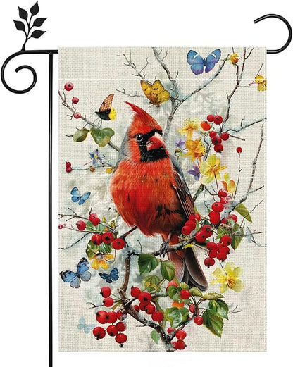 Spring Summer Cardinal Bird Butterfly Floral Garden Flag 12x18 Inch Double Sided, Welcome Yard Decor, Farmhouse Outdoor Flag for Lawn Patio Porch