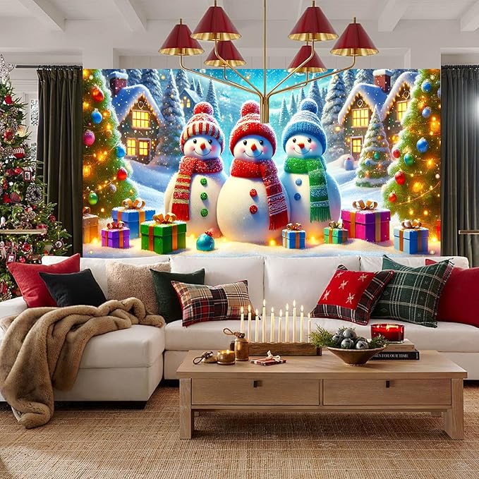 HOMETITUTE Christmas Garage Door Banner 13x6ft Snowman Winter Village Scene Holiday Backdrop Gift Box Snow Night Indoor Outdoor Wall Hanging Seasonal Party Decoration Festive Entry Porch