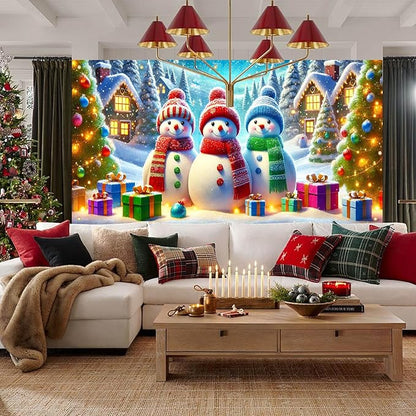 HOMETITUTE Christmas Garage Door Banner 13x6ft Snowman Winter Village Scene Holiday Backdrop Gift Box Snow Night Indoor Outdoor Wall Hanging Seasonal Party Decoration Festive Entry Porch