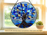 Stained Glass Window Hangings, Tree of Life with Hummingbird Suncatchers for Window, Treasured Gift for Mom, Grandma, Family and Friends (Blue, 6.7x6.7 in)