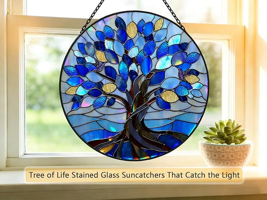 Stained Glass Window Hangings, Tree of Life with Hummingbird Suncatchers for Window, Treasured Gift for Mom, Grandma, Family and Friends (Blue, 6.7x6.7 in)