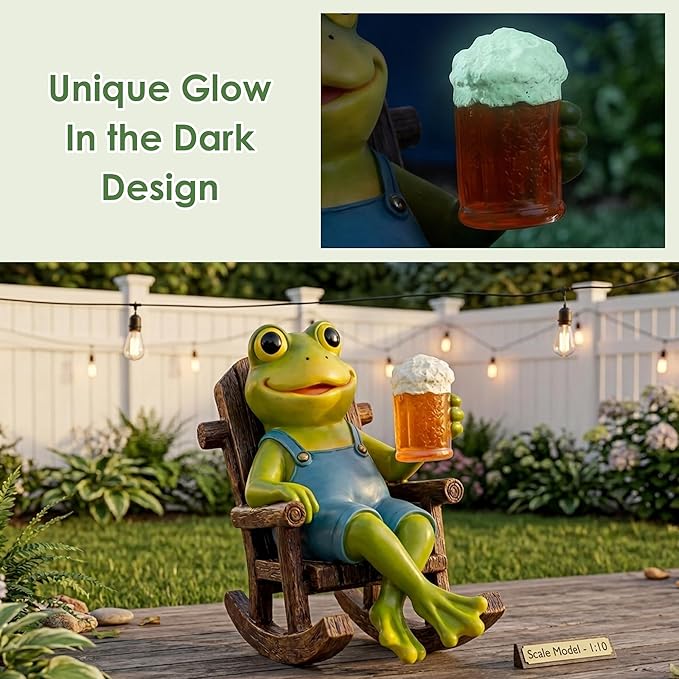 Flytime Frog Garden Decor, Outdoor Garden Statue,Frog on Rocking Chair,Suitable for Indoor and Outdoor Patios, Gardens, Flowers, and Lawns, A Whimsical Decoration(Beer)