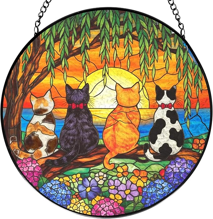 Cat Flower Stained Glass Window Hanging, Cat Mom Lovers Gifts for Women, Nature Sunset Kitten Landscape Suncatchers Sun Catchers Indoor Window Glass Wall Art Decorations, 7.9x7.9in, Patio