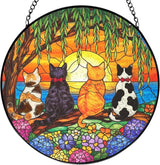 Cat Flower Stained Glass Window Hanging, Cat Mom Lovers Gifts for Women, Nature Sunset Kitten Landscape Suncatchers Sun Catchers Indoor Window Glass Wall Art Decorations, 7.9x7.9in, Patio