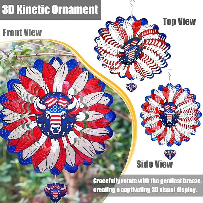 Sunflower American Flag Cow Patriotic Wind Spinners Outdoor for Yard and Garden,12 Inch 3D Stainless Steel Metal Hanging Kinetic Wind Sculpture, Independence Day Decor Indoor Art