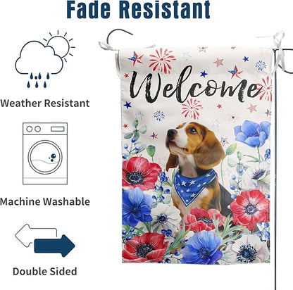 4th of July Beagle Garden Flag Red White Blue Floral Dog Yard Flags Small Memorial Independence Day Banner 12x18 Double Sided for Outside Outdoor Patriotic Decor