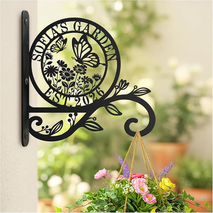 Personalized Metal Plant Hanger Bracket, Custom Name Hanging Plant Hook for Indoor Outdoor Use, Decorative Wall Mount Garden Hook for Flower Baskets, Bird Feeder, Wind Chime (Garden)