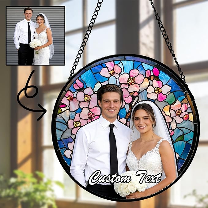Personalized Custom Photo Faux Stained Glass Window Hanging - Customized Ornaments Memorial Gifts Suncatchers Christmas Birthday Mother's Day for Lovers Women Men Dad Mom Nana Grandma