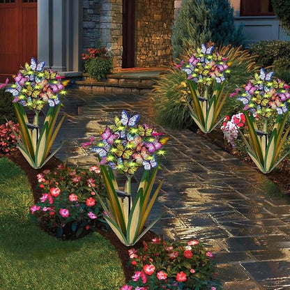 Homight Solar Metal Agave Butterfly Flower Stick Garden Sculpture Outdoor Gift Solar Garden Christmas Lights Swaying Butterfly Sunflower Garden Lights Solar Outdoor Statues (3 PCS Light Green)