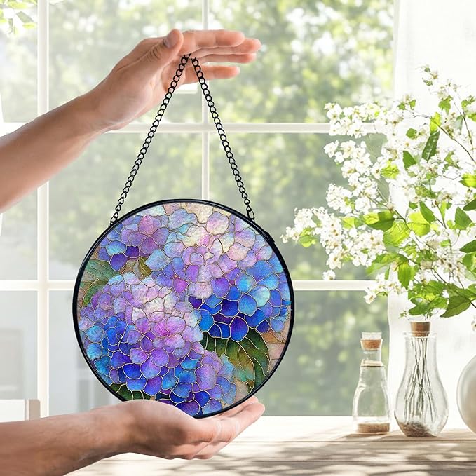 Hydrangea Decor, Spring Hydrangea Flower Suncatchers Stained Glass Window Hanging, Flower Sun Catchers Indoor Window Glass Round Wall Decor, Floral Wall Hanging Decorations, 7.9x7.9in