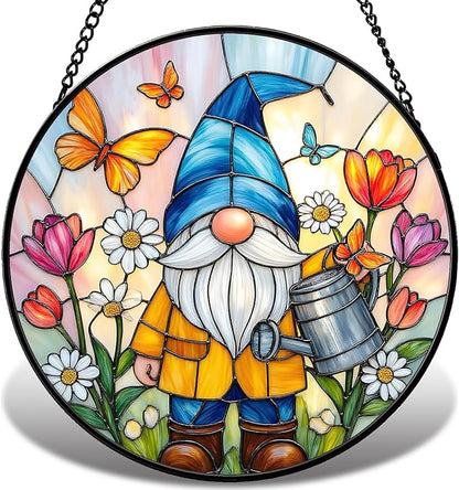 Gnome Stained Glass Suncather for Window Hanging with Flowers & Butterflies, 6.3'' Garden Gnome Gift for Women, Whimsical Wall Art Home Decor Gift for Mom, Grandma (Colorful Garden, 6.3'')