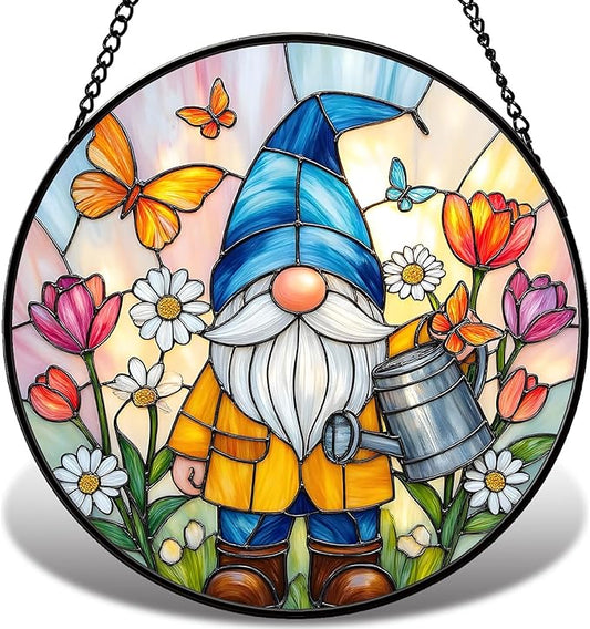 Gnome Stained Glass Suncather for Window Hanging with Flowers & Butterflies, 6.3'' Garden Gnome Gift for Women, Whimsical Wall Art Home Decor Gift for Mom, Grandma (Colorful Garden, 6.3'')