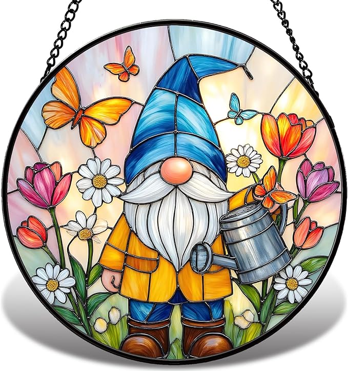 Gnome Stained Glass Suncather for Window Hanging with Flowers & Butterflies, 7.9'' Garden Gnome Gift for Women, Whimsical Wall Art Home Decor Gift for Mom, Grandma (Colorful Garden, 7.9'')