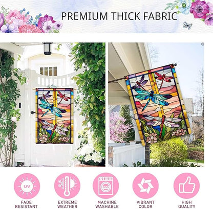 Spring Summer Dragonfly Garden Flag Stained Glass Style Flowers Garden Flag Vertical Double Sided Rustic Farmland Burlap Yard Lawn Outdoor Decor 28x40"