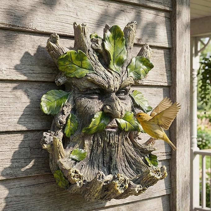 10.3" Whimsical Tree Face Sculpture, Garden Peeker Statue, Outdoor Trunk Tree Huggers Art, Landscape Accent Ornament, Hanging Fairy Elve Figurine for Yard Art, Feeder Decor Wall Mounted Statue