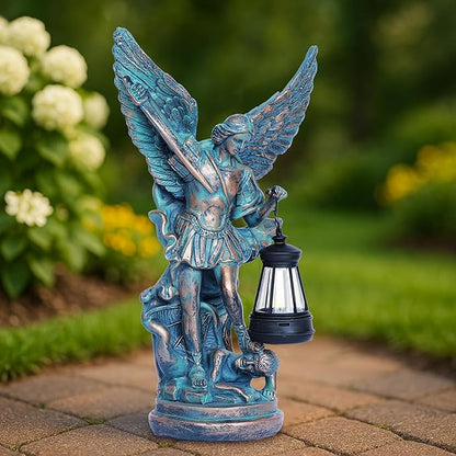Solar San Miguel Arcangel Outdoor Garden Decor Statues 12.4" Solar St Michael the Archangel Satue for Yard Patio Lawn Porch Decorations Resin St Michael Figurine Religious Collection Sculptures Gifts