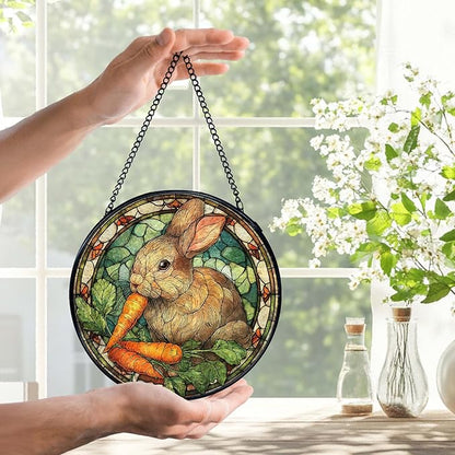 Bunny Decor, Bunny Gifts for Women, Rabbit Suncatchers Stained Glass Window Hanging, Rabbit Decor Sun Catchers Indoor Window Glass Round Wall Decor, 7.9x7.9in
