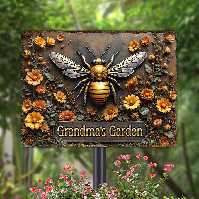 Custom Garden Signs Personalized Metal Tin Sign for Women, Bee Metal Sign for Outdoor, Yard Rustic Home Decor Gift for Mothers Day, Grandmas, and Gardening Lovers