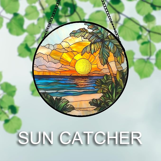 DASTOLL Stained Glass Window Hanging 4 Pcs Set Blue Ocean Coconut Tree Scenery Large 15" - Suncatcher Door Garden Sun Catcher Decor Birthday Christmas for Mom Woman Nana Men