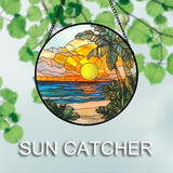 DASTOLL Stained Glass Window Hanging 4 Pcs Set Blue Ocean Coconut Tree Scenery Large 15" - Suncatcher Door Garden Sun Catcher Decor Birthday Christmas for Mom Woman Nana Men