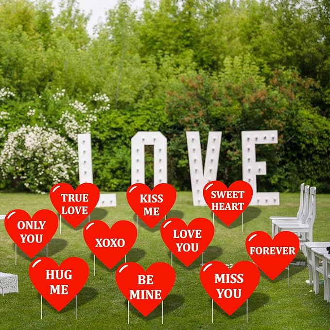 10-Piece Valentine Heart Yard Signs with Stakes Decorations – Assorted Red Heart Messages 12 Inches Large Outdoor Valentine Sweetheart Signs for Lawn, Garden, Driveway, and Romantic Party Décor